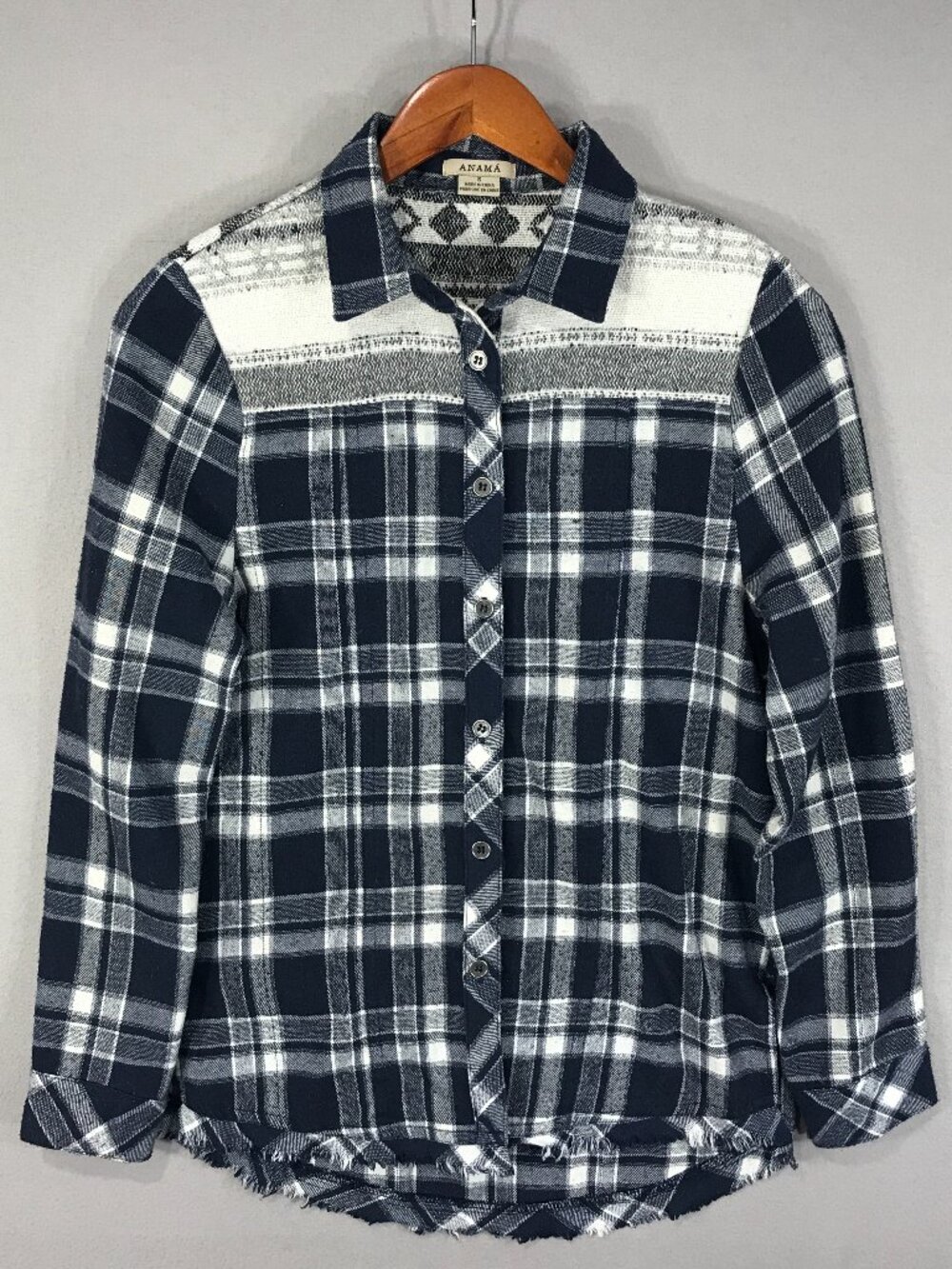 Anama Shirt Women's Small Blue Plaid Flannel Button Up Long Sleeve Wool Blend